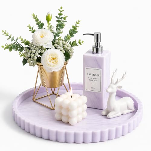 Silicone Bathroom Tray with Scalloped Edge, 11.9 Inch Round Large Vanity Tray for Bathroom Countertop, Non-Slip Elegant Sink Organizer Tray for Toiletries & Jewelry, Marble White Purple - color: Marble White Purple, size: 11.9"