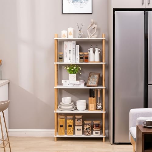 5-Tier Expandable Freestanding Open Bamboo Book Shelf - No-Tool Assembly & Modular,Bathroom Storage Shelf Unit Plant Stand for Small Space, Bedroom, Living Room, Home Office (White, 5-Tier) - color: White 5-tier-1