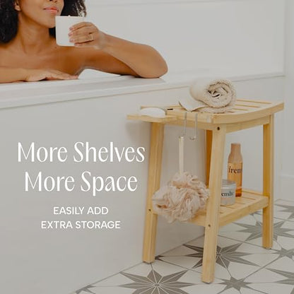 Bamboo Shower Bench for Inside Shower – Waterproof Bathroom Spa Seat with Shelf, Hooks & Soap Tray – Wood Shower Stool for Shaving, Sauna, or Small Bathroom – Natural