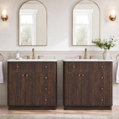 T4TREAM 72" Fluted Bathroom Vanity with 2 Single Sinks, Dark Walnut | Integrated Ceramic Sink, Large Storage Cabinet, Adjustable Shelf, 3 Drawers, Three pre-drilled faucet holes, Mid-Century - color: Dark Walnut, size: 72" (2 Single Sinks)
