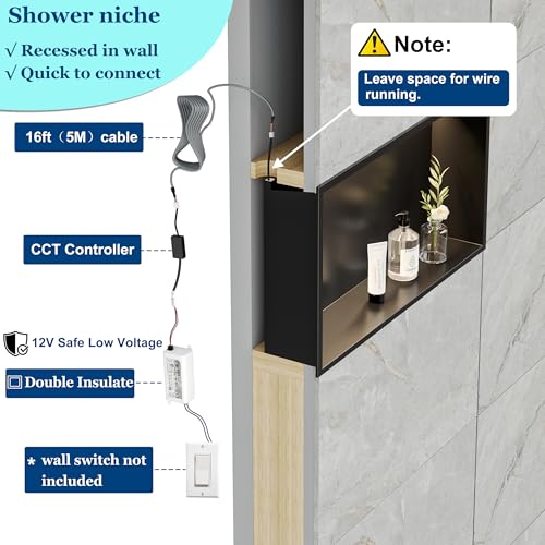 24"x12"Black LED Shower Niche,3 CCT Dimmable Light, No Tile Needed | 304 Stainless Steel Bathroom Niche w/ Light(3000K/4000K/6000K), IP66 Waterproof, Space Saving & Durable ,LED Driver Included - color: Matte Black, size: 24X12In