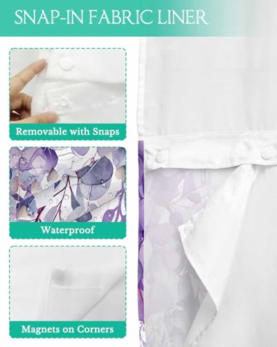 No Hook Shower Curtain and Snap in Liner Set, Purple Eucalyptus Fabric Bathroom Stall Shower Curtains 36x72, See Through Mesh Top Window, Spring Summer Botanical Floral Leaves Country Hotel Style - color: Purple, size: 36"W x 72"L (Pack of 1)
