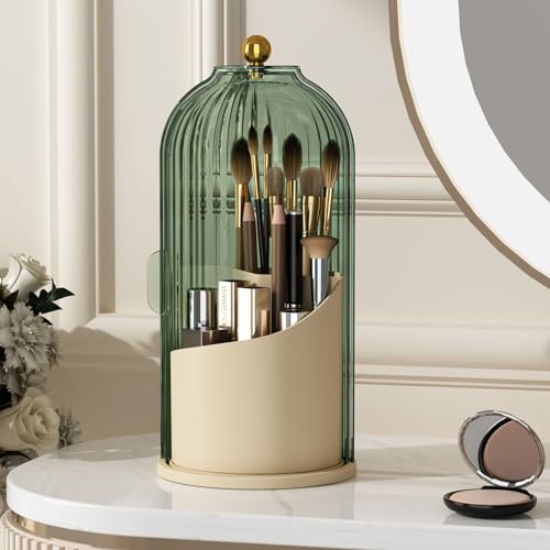 YOOLENS Makeup Brush Holder with Lid 360 Rotating Clear Dustproof Make Up Organizers for Vanity Bathroom Countertop, Green Beige - color: Green/Beige