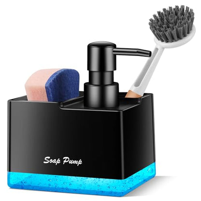 Dish Soap Dispenser with Sponge Holder, Small Hand Soap Dispenser with Sponge Caddy and Brush Holder, 3-in-1 Countertop Organizer for Kitchen Sink and Bathroom (Black) - color: Black