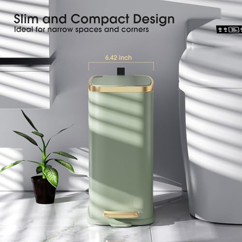 CEROELDA Small Bathroom Trash Can with Lid Soft Close-5L/1.3 Gal Slim Garbage Can-Metal Step Wastebasket-Rectangle Narrow Waste Bin for Office, Bedroom, Toilet, Live Room-Green - color: Green, size: 1.3 Gallon