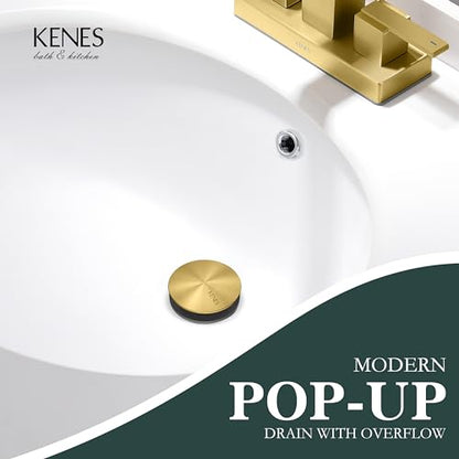 KENES Brushed Gold Pop Up Bathroom Sink Drain with Overflow, Bathroom Sink Drain Assembly with Strainer Pop Up Drain, Lavatory Bathroom Vanity Sink Pop Up Drain Stopper - color: Brushed Gold, size: Big Pop up Cap (With Overflow)