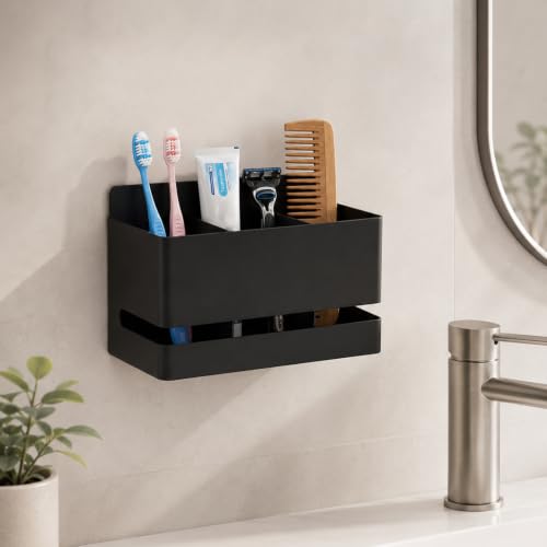 Black Aluminum Wall Mount Toothbrush Holder, 3 Slot No Drill Bathroom Organizer with Drain Holes, Holds Toothpaste Shaver Comb Multipurpose Household Storage Rack for Bathroom Kitchen Use