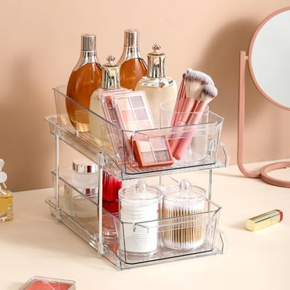 2 Set, 2 Tier Clear Organizer with Dividers for Cabinet, Shlef, Counter - MultiUse Slide-Out Storage Container - Kitchen, Pantry, Medicine Cupboard Bins, Bathroom, Vanity Makeup, Under Sink Organizing - size: 8" W - 2 Set