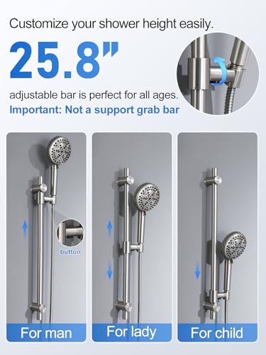 Woindo Shower Faucet Set with Slide Bar, 12" Rain Shower Head/8'' Side Shower Head and 10 Setting Handheld Ceiling Mount 3 Push Button Diverter Complete Rainfall Shower System Included Valve Trim Kit - color: Brushed Nickel, style: 12"-R-Ceiling-02
