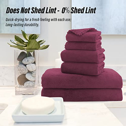 MOONQUEEN Ultra Soft Microfiber Coral Velvet Towel Set - Quick Drying, 2 Bath Towels, 2 Hand Towels, 2 Washcloths - Burgundy, 6 Pcs - color: Burgundy