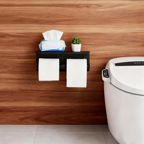 Toilet Paper Holder, NEWRAIN Double Bathroom Toilet Paper Roll Holder with Shelf, Stainless Steel Wall Mounted RV Tissue Roll Holder, Matte Black Commercial Farmhouse Toilet Paper Dispenser - color: Matte Black, style: Double