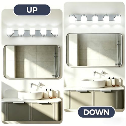 36.5 Inches Bathroom Vanity Light, 5-Light Chrome Bathroom Light Fixtures Over Mirror, Bathroom Light Shower Lamp with Milky White Square Glass Shade, Modern Farmhouse Lighting Fixtures - color: Chrome, size: 36.5 Inch : 5-lights