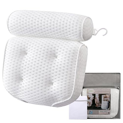 AEROiVi Luxury Bath Pillows for Tub Soft Mesh Strong 6 Suction Cups White | Bath Pillow with laundry bag head and neck support Relaxing Bath Washable Quick-Dry Bath Accessories Spa Gifts - color: White