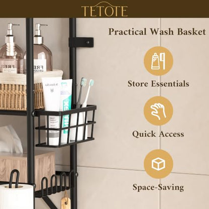 TETOTE Over The Toilet Storage Rack, 3-Tier Bathroom Organizer Shelf Over Toilet with Toilet Paper Roll Holder, Freestanding Metal Rack, Black