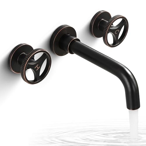SKOWLL Wall Mount Bathroom Faucet, Industrial Look, Widespread Oil Rubbed Bronze Bathtub Faucet 2 Round Handle Vanity Sink Faucet with 360° Rotates Spout - color: Bronze