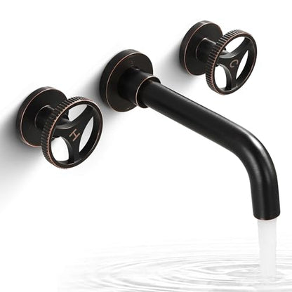 SKOWLL Wall Mount Bathroom Faucet, Industrial Look, Widespread Oil Rubbed Bronze Bathtub Faucet 2 Round Handle Vanity Sink Faucet with 360° Rotates Spout - color: Bronze