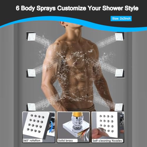 Full Body Dual Heads Rain Shower System with Jets Can Run Together | 4-way Thermostatic Digital Shower Faucets Set, 12" + 6" Tilted Shower + 6 Body Sprays + Handheld, Chrome - color: Chrome, style: 12” + 6" + 6 Jets