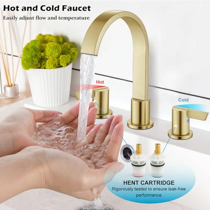 Midanya 8 Inch Widespread Bathroom Sink Faucet 3 Hole,Brushed Gold | Waterfall Swivel Spout,2 Handle,SUS304,with Pop Up Drain,cUPC 24" Water Hose,for 6-16” hole distance vanity,RV,Farmhouse Sink - color: Light Gold