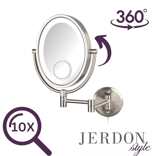 JERDON Lighted Wall-Mount Makeup Mirror - 10X/15X - Nickel - HL9515NL | Two-Sided 8" x 10" Oval Frame, 14" Wall Arm, LED, Plug-In Power - color: Nickel Plug in