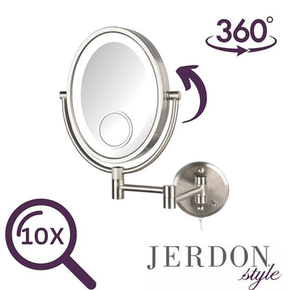 JERDON Lighted Wall-Mount Makeup Mirror - 10X/15X - Nickel - HL9515NL | Two-Sided 8" x 10" Oval Frame, 14" Wall Arm, LED, Plug-In Power - color: Nickel Plug in