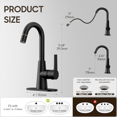 High Arc Bathroom Sink Faucet with Pull Down Sprayer, Tall Matte Black Single Handle Pull Out Faucet with Pop-Up Drain, 1 or 3 Hole Laundry Bar Basin Faucet with Deck Plate WE10CL-ZY-MB - color: Matte Black