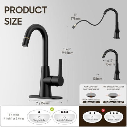 High Arc Bathroom Sink Faucet with Pull Down Sprayer, Tall Matte Black Single Handle Pull Out Faucet with Pop-Up Drain, 1 or 3 Hole Laundry Bar Basin Faucet with Deck Plate WE10CL-ZY-MB - color: Matte Black