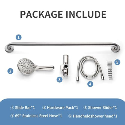 BRIGHT SHOWERS Slide Bar Shower Set with Handheld Shower Head, ADA-Compliant Stainless Steel Grab Bar, Adjustable Height and 69-Inch Hose, Brushed Nickel - color: Brushed Nickel