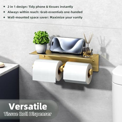 Double Roll Toilet Paper Holder, Brushed Gold, 304 Stainless Steel | Wide Utility Shelf, Phone & Wet Wipe Storage, Modern Bathroom Upgrade, Guest Bath & Family Bathroom Use - color: Brushed Gold, size: Double Rod