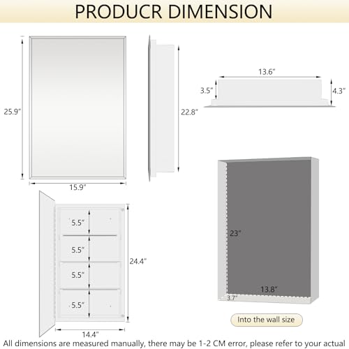 Bathroom Medicine Cabinet with 16x26 in Rectangular Beveled Frameless Mirror,Wall Mounted Mirror Cabinet for Bathroom Toilet Kitchen,Recess or Surface Mount,Already Assembly - size: FMG-CM7005-1626