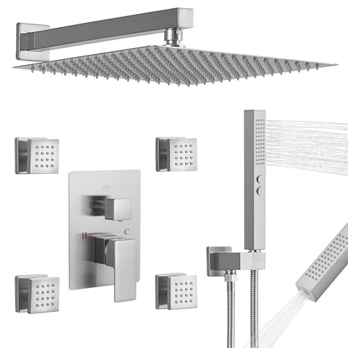 RUMOSE Rainfall Shower System with 4 Full Body Jet 4 Mode Shower Faucet Set | 12 Inch Rain Shower Head, 2 in 1 Handheld Spray, Brushed Nickel Brass Shower Jet Shower Fixtures, Wall Mounted - color: Brushed Nickel