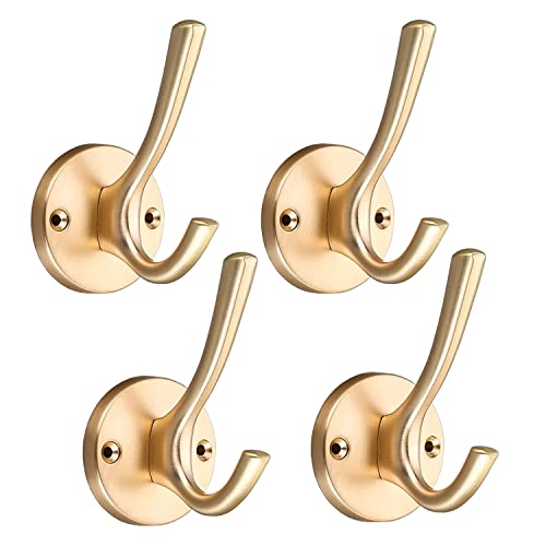 4 Pack Stainless Steel Wall Hooks, Bathroom Towel Hooks for Wall Mount | Rust resistant hooks with modern design. Ideal for hanging towels, robes, clothes and accessories in any room - color: Gold