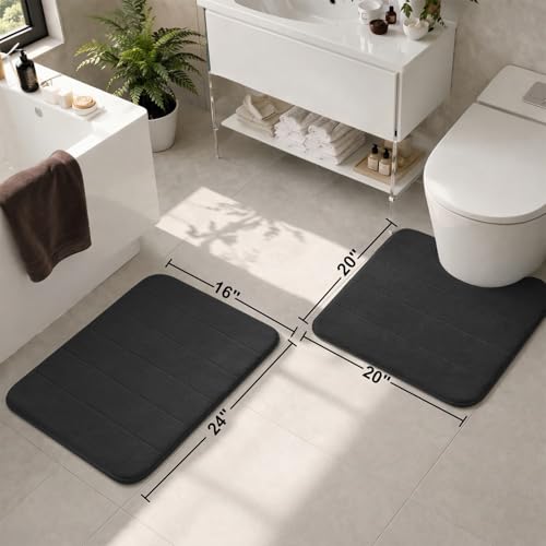 Memory Foam Bathroom Rugs Sets 2 Piece, Extra Soft Absorbent Quick Dry Bath Mat Set, with U-Shaped Toilet Rug, Machine Washable Non Slip Bath Rugs for Bathroom, Shower and Tub, Black - color: Black
