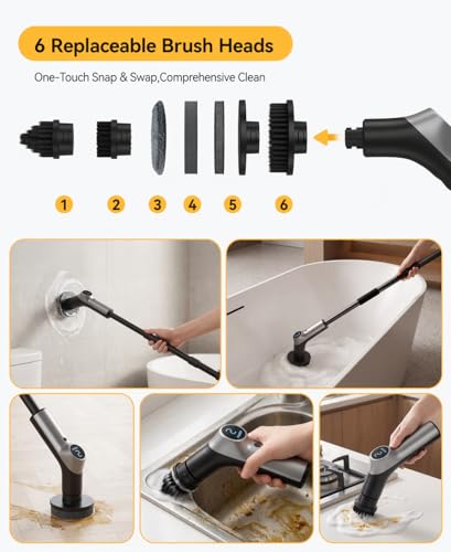 Electric Spin Scrubber for Bathroom,IPX7 Cordless Cleaning Brush with 6 Replaceable Brush Heads,120 Mins Runtime Power Shower Scrubber with Adjustable Extension Handle and Durable Brush Head for Tub