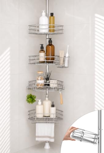 Corner Shower Caddy Tension Pole, Quick Setup, Rust-Free Bathroom Shower Organizer Corner for Bathtub Shampoo Storage, 4-Tier Adjustable Shelf, Drill Free, Fits 34 to 116 Inch Height, Chrome - color: Chrome