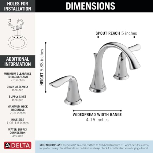 Delta Faucet Lahara Widespread Bathroom Faucet Chrome, Bathroom Faucet 3 Hole, Diamond Seal Technology, Metal Drain Assembly, Chrome 3538-MPU-DST - color: Chrome