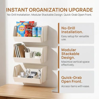 Wall Mounted Storage Organizer Bins, Shower Caddy Kitchen Shelf Floating, Space Saving Shelves Box with Adhesive Pads, Stackable Organizer for Bathroom、Office、Snacks、Refrigerator、Countertops