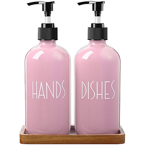 ALELION Dish Soap Dispenser for Kitchen - 16 OZ Glass Hand Soap Dispenser Set with Acacia Wood Tray - Pink Kitchen Bathroom Decor and Accessories - color: Pink