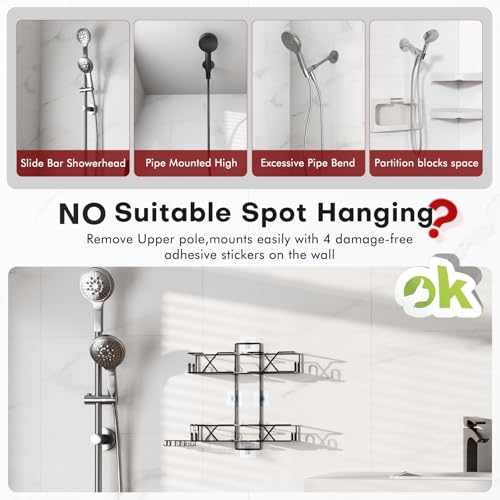 Sewulidon Stainless Steel Hanging Shower Caddy for Handheld Shower Heads,Adjustable Height Extra Long Bathroom Shower Organizer Hanger Rack with Hooks,Soap Holder - color: Black