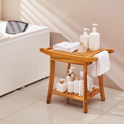 VEVOR Teak Shower Bench, 22 x 14.4 x 18.5 in, Waterproof Wood Shower Stool with Storage Shelf Handle Non-Slip Feet, 300 lbs Maximum Load Capacity Shower Chair Seat, for Bathroom Indoor and Outdoor Use - size: 22in