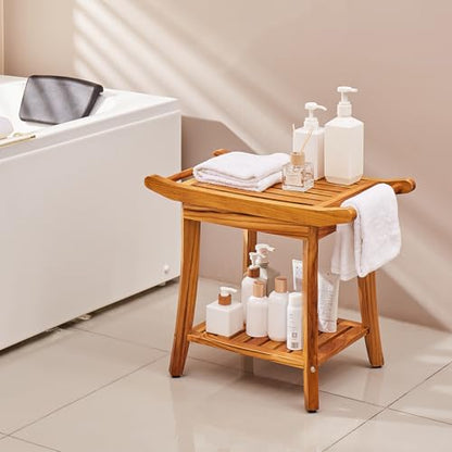 VEVOR Teak Shower Bench, 22 x 14.4 x 18.5 in, Waterproof Wood Shower Stool with Storage Shelf Handle Non-Slip Feet, 300 lbs Maximum Load Capacity Shower Chair Seat, for Bathroom Indoor and Outdoor Use - size: 22in