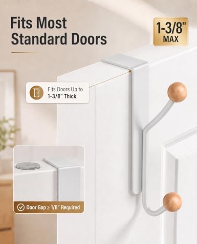 KitchLife Over The Door Hooks 2 Pack Heavy Duty Door Hanger Hooks with Wooden Ball Tips, Steel Over Door Hook Rack for Clothes, Towels, Bags & Tools, Fits 1-3/8” Door, Matte White