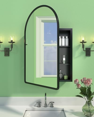 19.7"x31.5" Black Medicine Cabinet with Mirror and Organizer, Arched | Wall Mounted & Recessed with 1 Organizer, 2 Stable and Removable Shelves, Full Metal, Bathroom Shatterproof Mirror Storage - color: 20"x32"