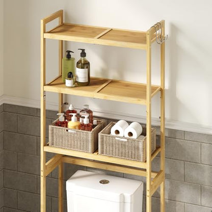 AMBIRD Over The Toilet Storage, 3-Tier Bathroom Organizer Over Toilet with Sturdy Bamboo Solid Shelves, Non-Slip Pads and 3 Hooks, Multifunctional Behind Toilet Shelf Rack, Space Saver (Original)