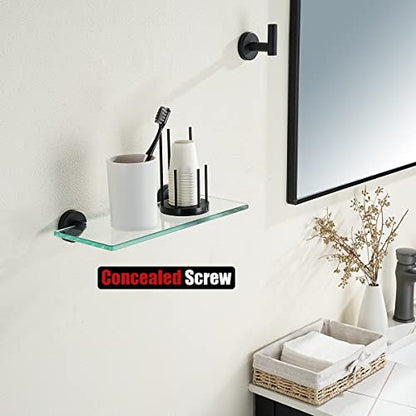 JQK Bathroom Glass Shelf Black, Tempered Glass Shower Storage 12 by 5 inches, 304 Stainless Steel Matte Black Wall Mount, TGS101L12-PB - color: Black, size: 12 Inch (1 Pack)