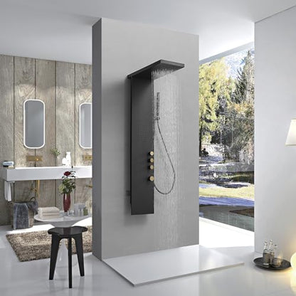 Shower Panel Tower System 3-Functions Wall Mount Black | Stainless Steel,Square Rainfall Shower Head,Massage Body Jets and Handheld,Contrast Gold Control Knobs,Modern Minimalist - color: Matte Black, style: Shower Panel-Standard