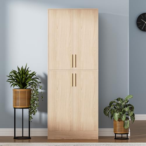 Housoul 71" Tall Pantry Cabinet with 4 Doors, Kitchen Pantry Storage Cabinet, Freestanding Larder Cupboard, Utility Kitchen Hutch with Gold Handles for Dining Room, Bathroom, Oak - color: Oak