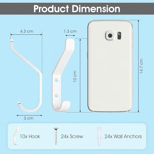 GlazieVault Coat Hooks for Wall – Door Hooks (10 Pack) - Heavy Duty Wall Mounted - Premium Design Rust Free Hooks - style: Flat Hooks White P-10