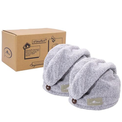 myHomeBody Hair Towel Wrap, Quick Drying Turban, Absorbent Cap – 2 Pack | Hair Turban Towel for wet hair, Ultra Soft Charcoal Fiber Cap, Towel Head Wrap for bathing with Coconut Shell Button - color: Grey, Grey