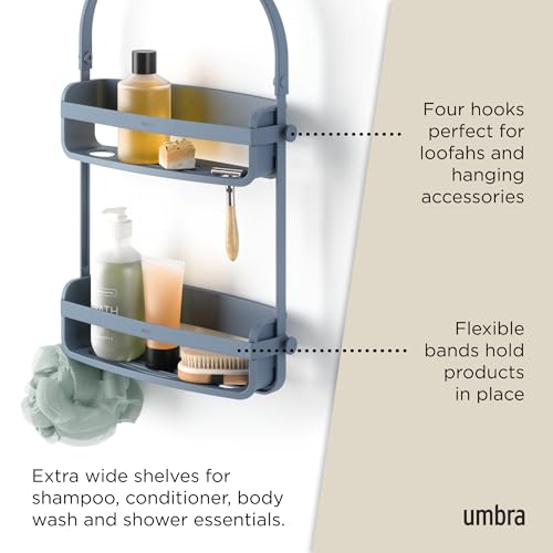 Umbra Flex Shower Caddy, Hanging 2 Shelves Bathroom Organizer, Slate Blue | Flexible silicone bands, drainage system, mold resistant, bottle collars, overhead mount