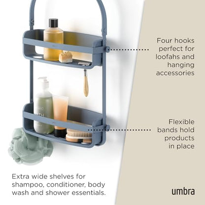 Umbra Flex Shower Caddy, Hanging 2 Shelves Bathroom Organizer, Slate Blue | Flexible silicone bands, drainage system, mold resistant, bottle collars, overhead mount